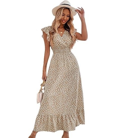 Women's Allover Print Ruffle Sleeve V Neck Ruffle Hem A Line Summer Maxi Dress
