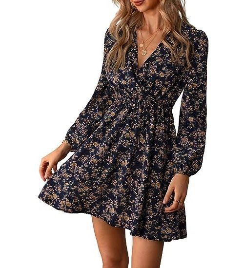 Womens V Neck Floral Dress Long Sleeve