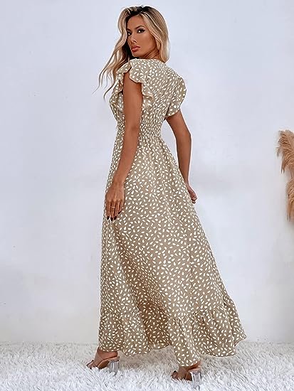 Women's Allover Print Ruffle Sleeve V Neck Ruffle Hem A Line Summer Maxi Dress