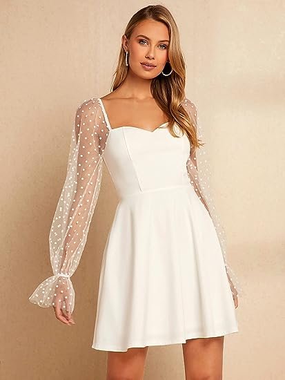 Women's Polka Dots Mesh Long Sleeve A Line Mini Flowy Wedding Guest Bridesmaid Dress