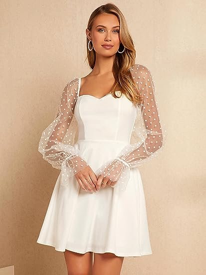 Women's Polka Dots Mesh Long Sleeve A Line Mini Flowy Wedding Guest Bridesmaid Dress
